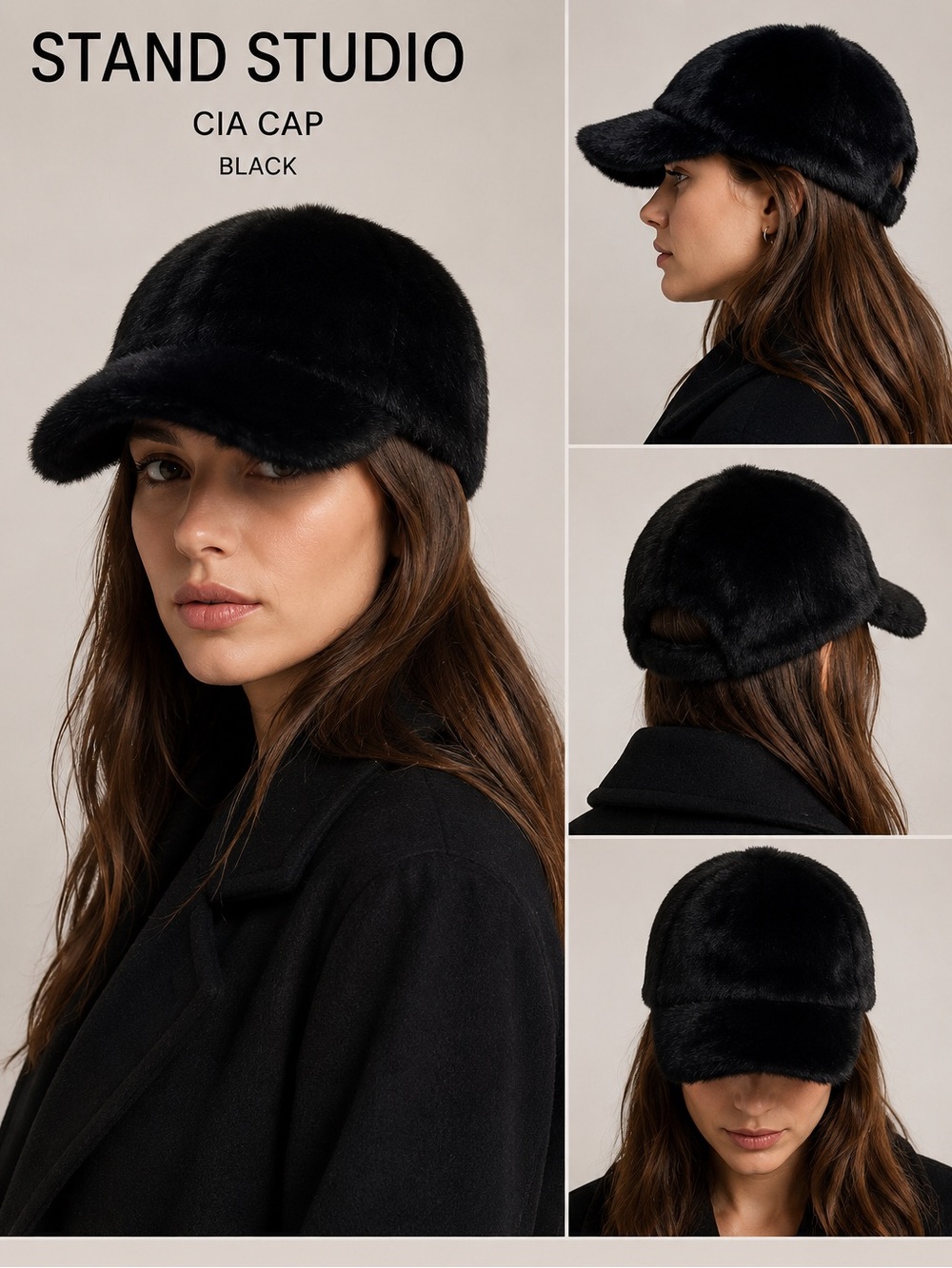 STAND STUDIO Black Cia Faux Fur Baseball Cap Hat
